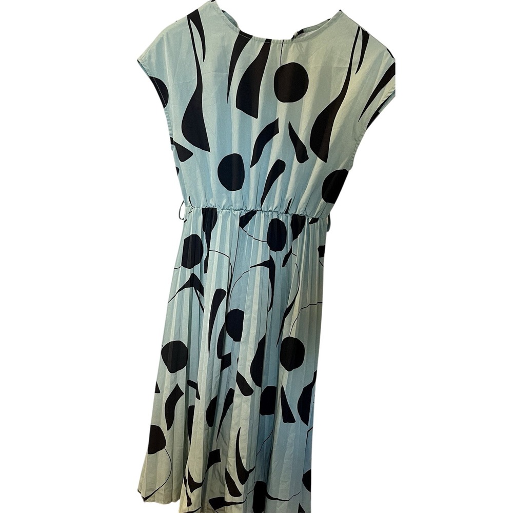 Vintage Women's Light Blue/Black Abstract A-Line Midi Dress Cap Sleeve Chiffon S